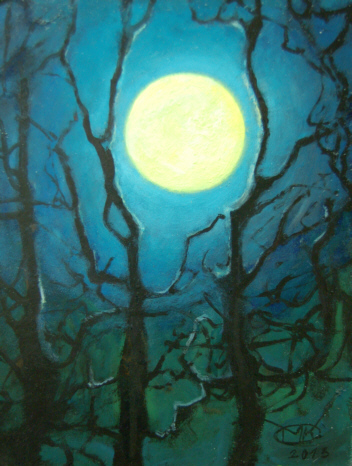 Vollmond zwischen den Erlen. Oil on fibreboard, 22 cm x 17 cm, 2013 web